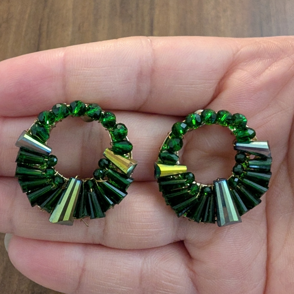 Vibrant Green and Gold Hoop Earrings